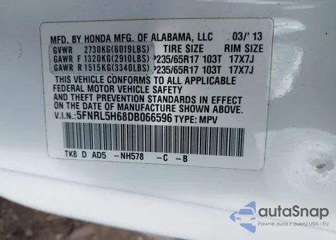 2013 Honda Odyssey Ex-L из США, поврежденный, VIN 5FNRL5H68DB066596